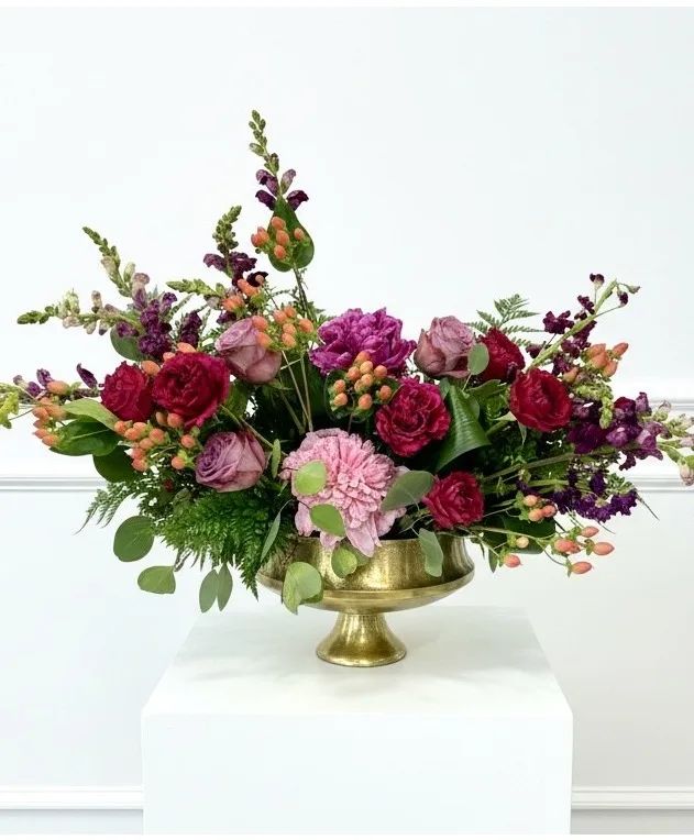 Regal Reds Low Compote low and extravagant arrangement with premium metal compote
