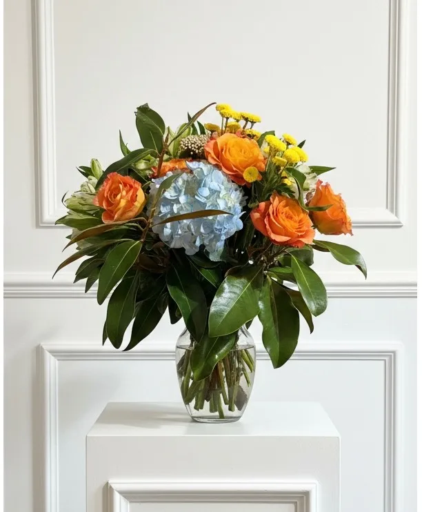 Sunshine On My Shoulder Mixed bouquet with orange, yellow, and blue Sunshine On My Shoulder Mixed bouquet with orange, yellow, and blue