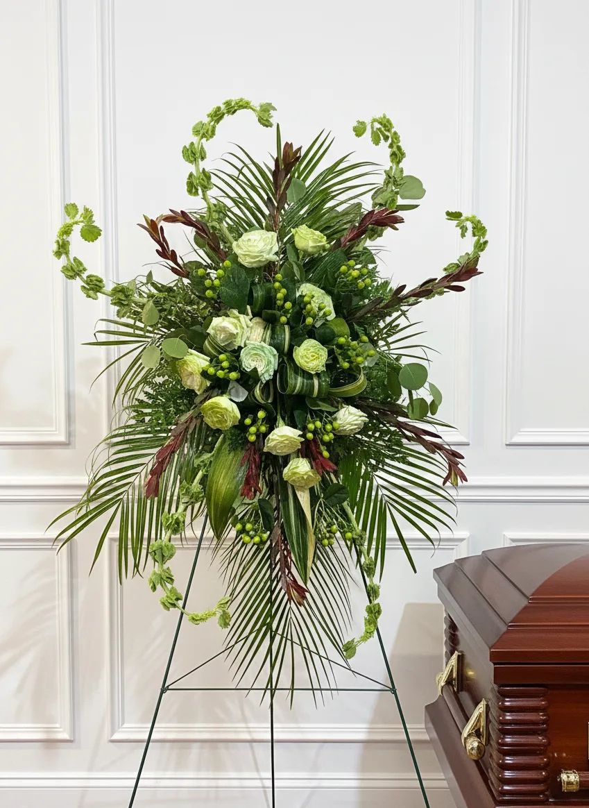 Nature's Melody Standing Spray, Sunset Safari leucadendron, palm fronds