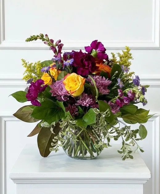 Passionate Purple Deep purple carnations, aster, and yellow roses Passionate Purple Deep purple carnations, aster, and yellow roses