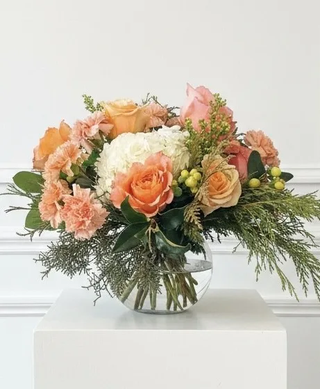 Peach Fizz Mixed bouquet with peach garden roses, caramel carnations Peach Fizz Mixed bouquet with peach garden roses, caramel carnations