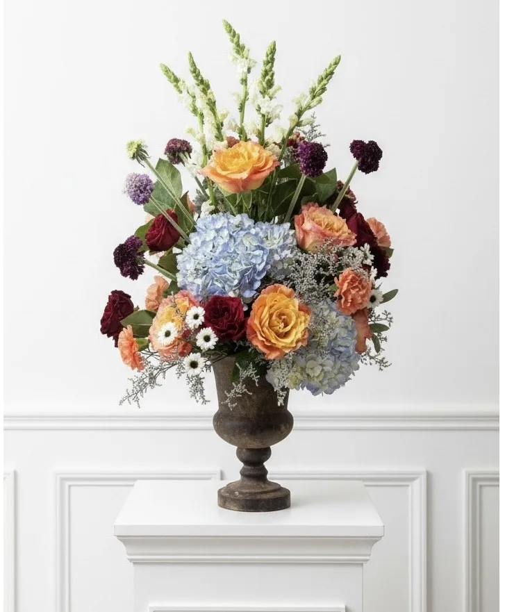 Rustic Beauty Footed Vase large rustic vase brimming w/ roses, hydrangea, snapdragon Rustic Beauty Footed Vase large rustic vase brimming w/ roses, hydrangea, snapdragon