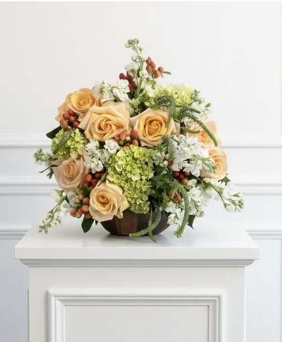 Peach Fizz Peach roses, green hydrangea, hypericum, veronica Peach Fizz Peach roses, green hydrangea, hypericum, veronica