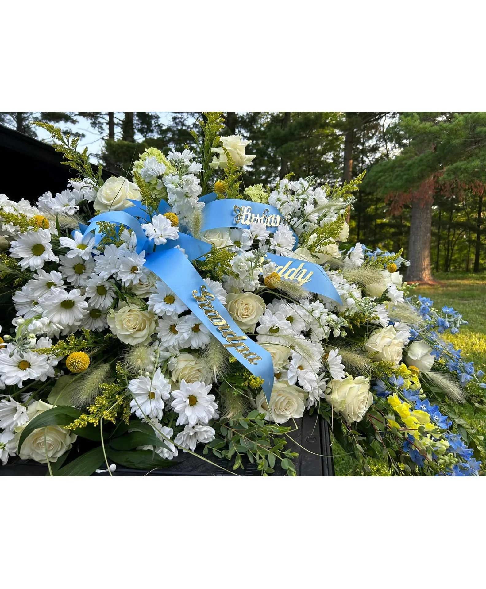 Custom Designed Casket Spray Daisies, Roses, Ribbons