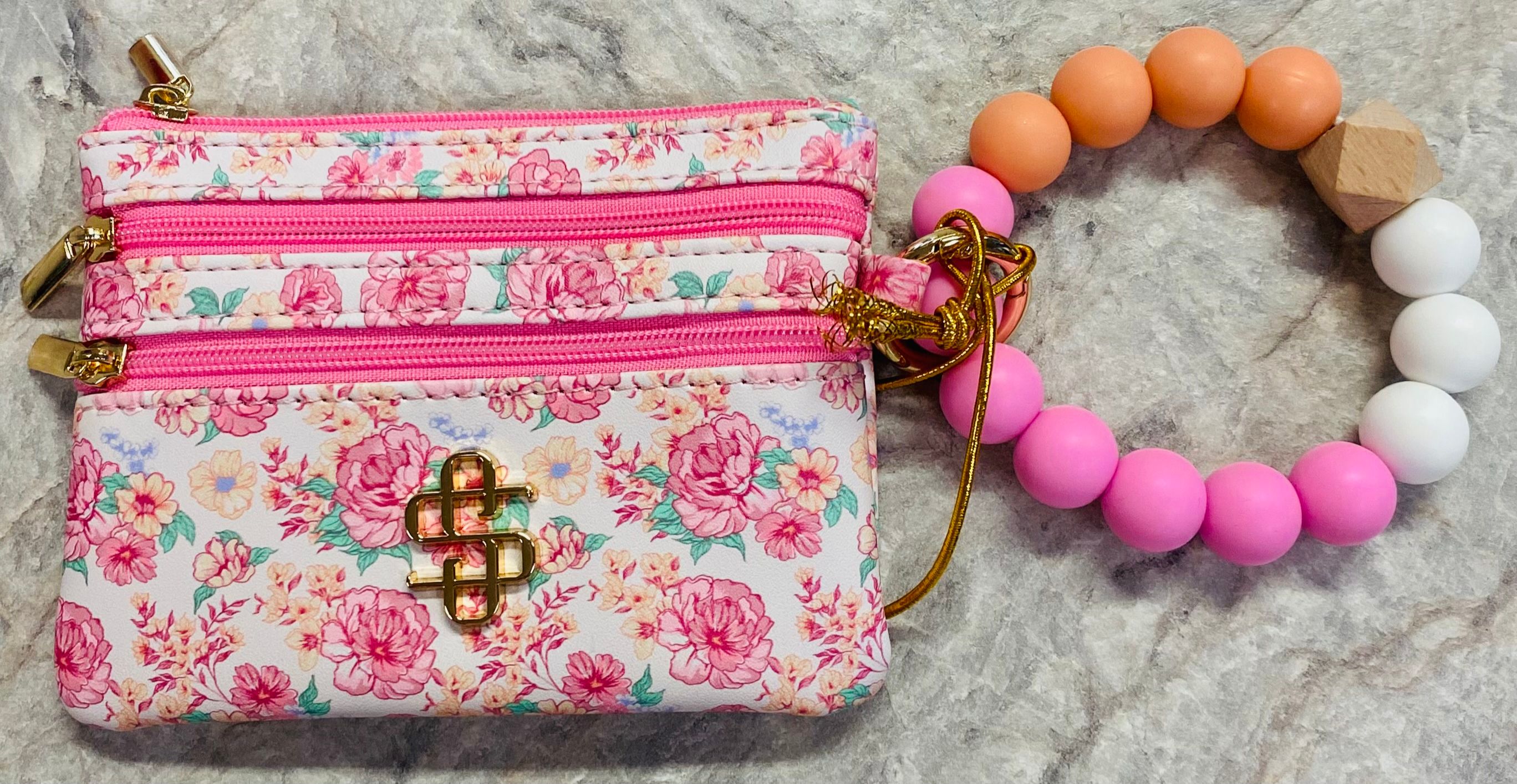 Simply Southern Pink Flowered Beaded Bracelet keychain wallet
