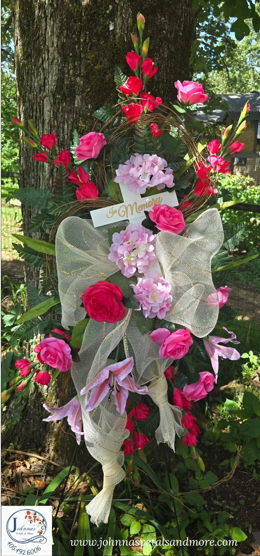 In Memory Silk Spray w/grapevine on easel Silk Arrangement In Memory Silk Spray w/grapevine on easel Silk Arrangement