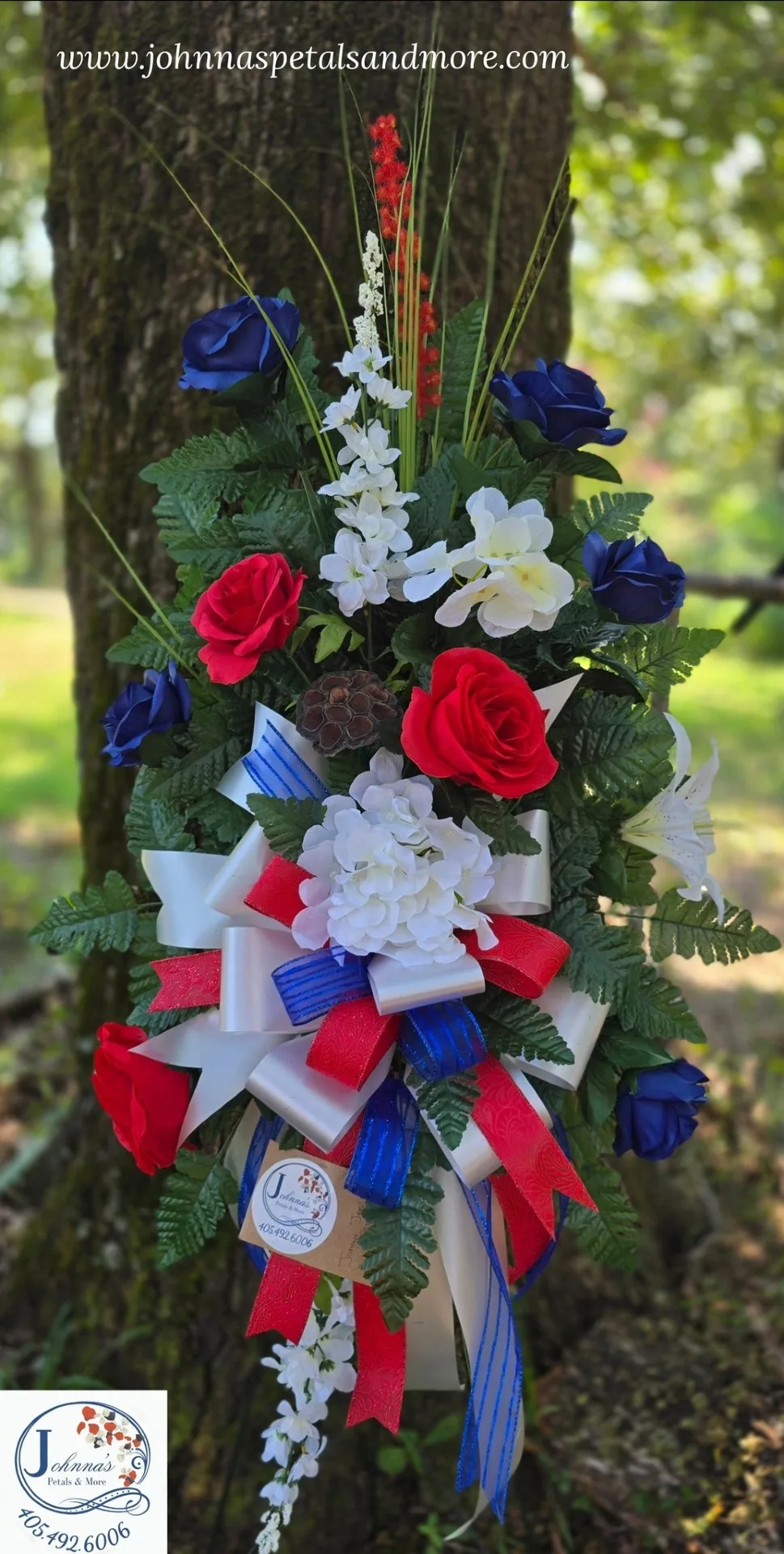 "Patriotic' Silk Spray on easel Silk Arrangement "Patriotic' Silk Spray on easel Silk Arrangement