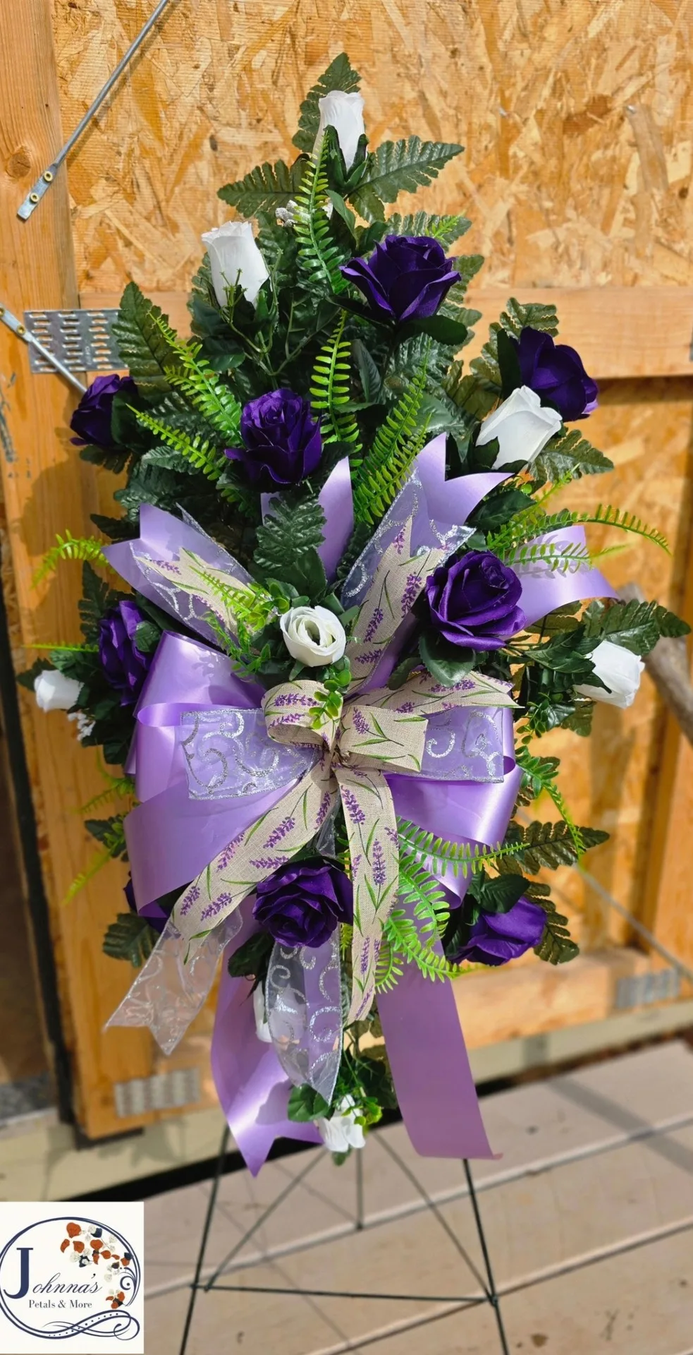 Purple Lady Silk Spray on easel Silk Arrangement Purple Lady Silk Spray on easel Silk Arrangement