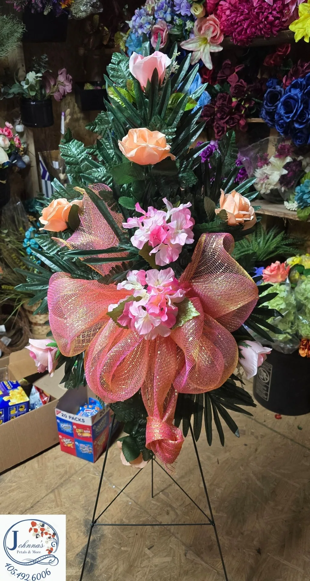 Peach and Pink Silk Spray on easel Silk Arrangement Peach and Pink Silk Spray on easel Silk Arrangement